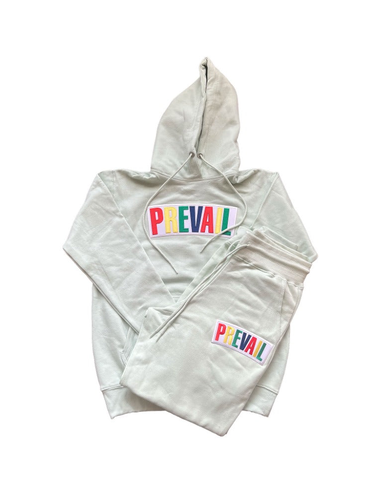 Light Mint Green Prevail Jogger. Prevail patch on both the chest area of the hoodie and the thigh area of the jogging pants. Set fits true to size.