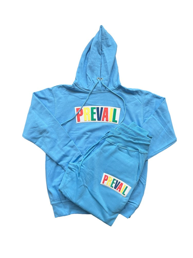 Aqua Blue Prevail Jogger. Prevail patch on both the chest area of the hoodie and the thigh area of the jogging pants. Set fits true to size.