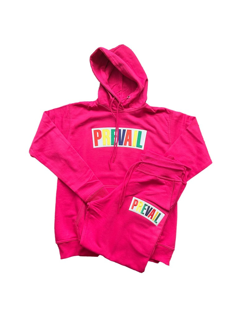 Neon Pink Prevail Jogger. Prevail patch on both the chest area of the hoodie and the thigh area of the jogging pants. Set fits true to size.