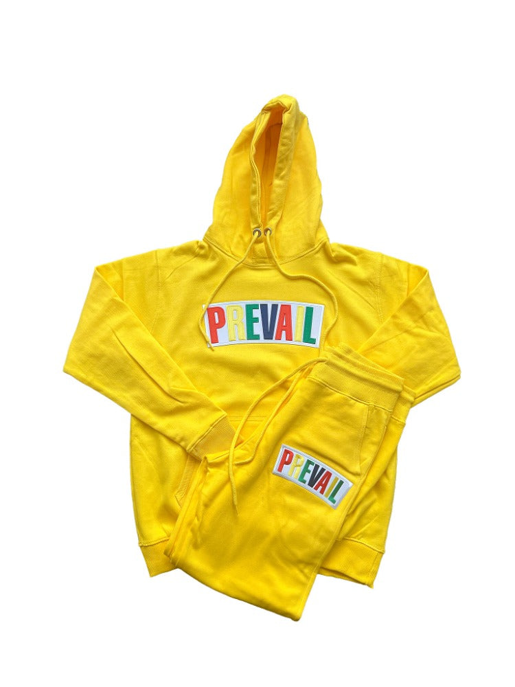 Yellow Prevail Jogger. Prevail patch on both the chest area of the hoodie and the thigh area of the jogging pants. Set fits true to size.