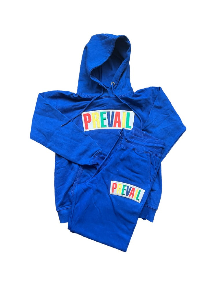 Royal Blue Prevail Jogger. Prevail patch on both the chest area of the hoodie and the thigh area of the jogging pants. Set fits true to size.