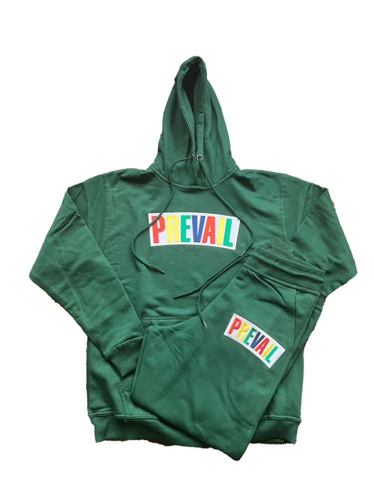 Forest Green Prevail Jogger. Prevail patch on both the chest area of the hoodie and the thigh area of the jogging pants. Set fits true to size.