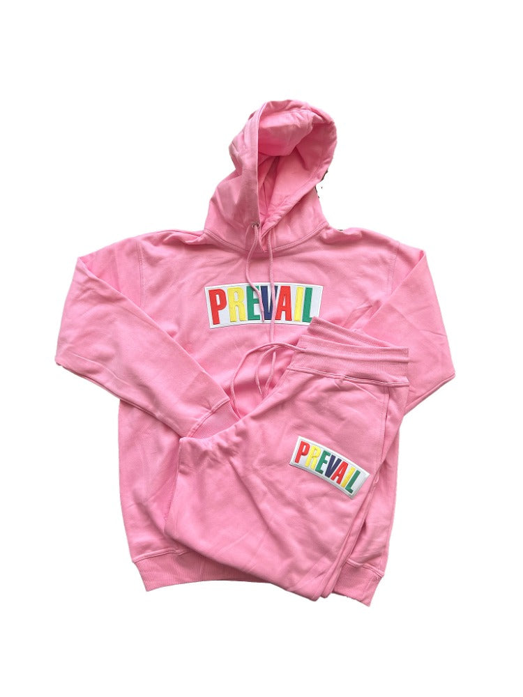Soft Pink Prevail Jogger. Prevail patch on both the chest area of the hoodie and the thigh area of the jogging pants. Set fits true to size.
