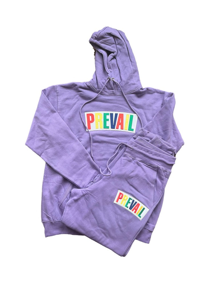 Light Purple Prevail Jogger. Prevail patch on both the chest area of the hoodie and the thigh area of the jogging pants. Set fits true to size.