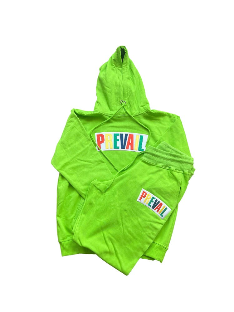Neon Green Prevail Jogger. Prevail patch on both the chest area of the hoodie and the thigh area of the jogging pants. Set fits true to size.