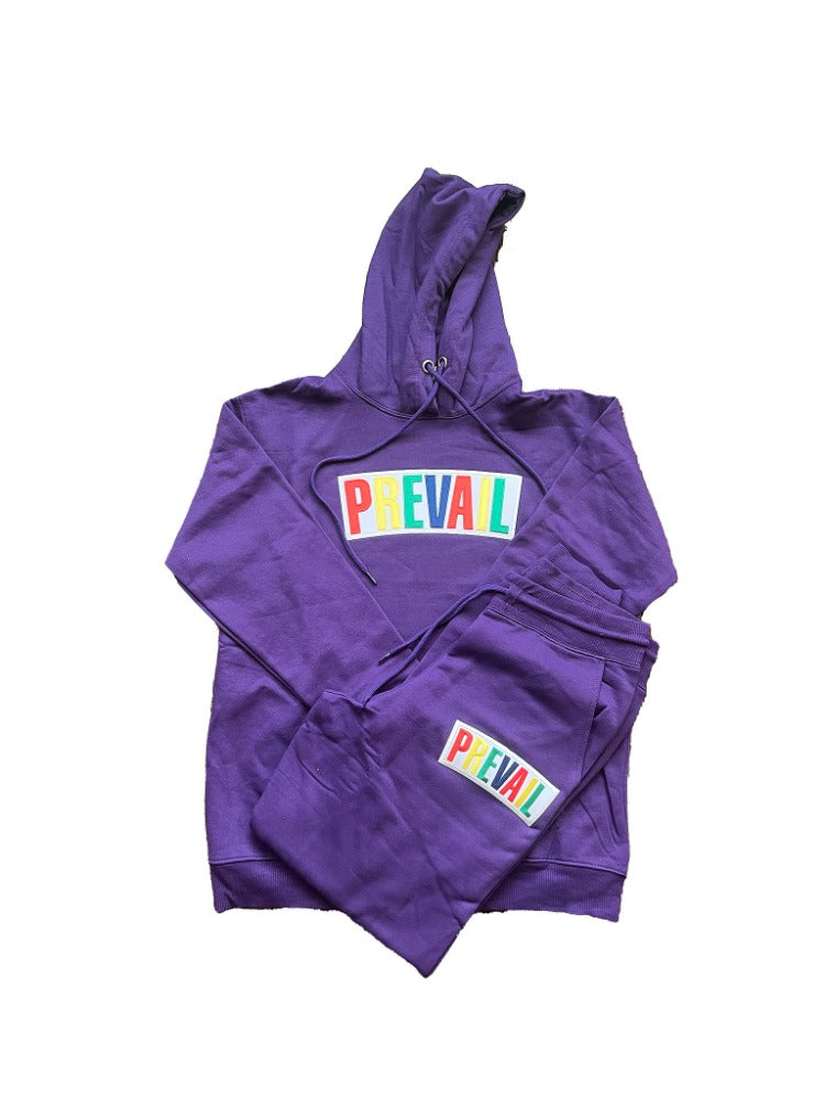Purple Prevail Jogger. Prevail patch on both the chest area of the hoodie and the thigh area of the jogging pants. Set fits true to size.